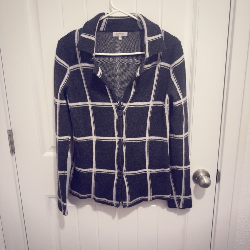 Bartolini Women's Button Up Cardigan Collared Dark Gray White Stripes Size M